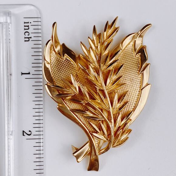 VTG Mid Century Brooch Leaf Wheat Botanical 1950s Gold Tone Textured Jewelry - Picture 8 of 12